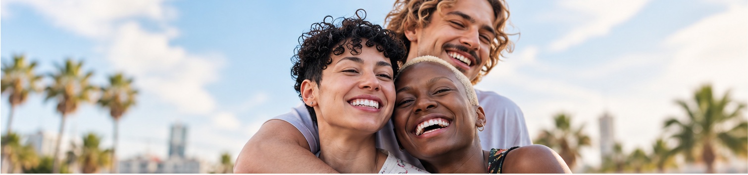 Three friends smiling together outdoors