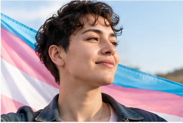 A person holding a trans pride flag